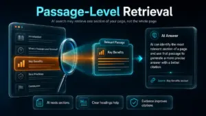 Passage-level retrieval infographic showing AI search selecting a relevant section of a webpage, extracting the passage and using it to generate an answer with a citation.