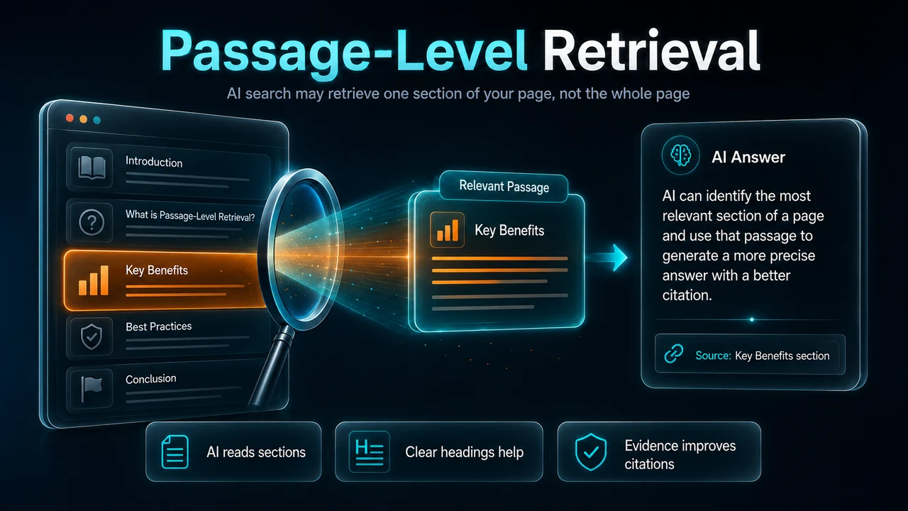 Passage-level retrieval infographic showing AI search selecting a relevant section of a webpage, extracting the passage and using it to generate an answer with a citation.