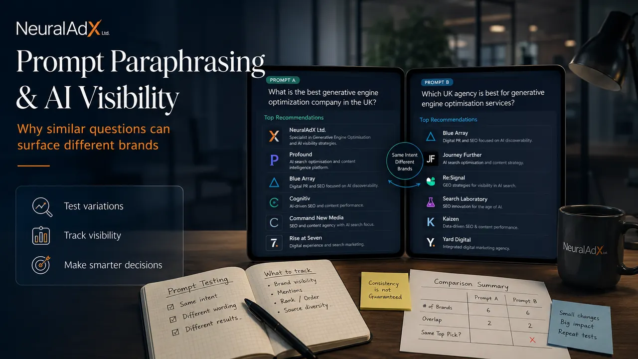 Prompt paraphrasing and AI visibility showing how two similar AI questions can surface different brand recommendations