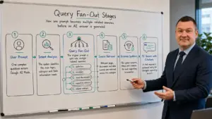 Query fan-out stages showing how Google AI Mode turns one prompt into multiple related searches, retrieves sources and generates an AI answer with citations