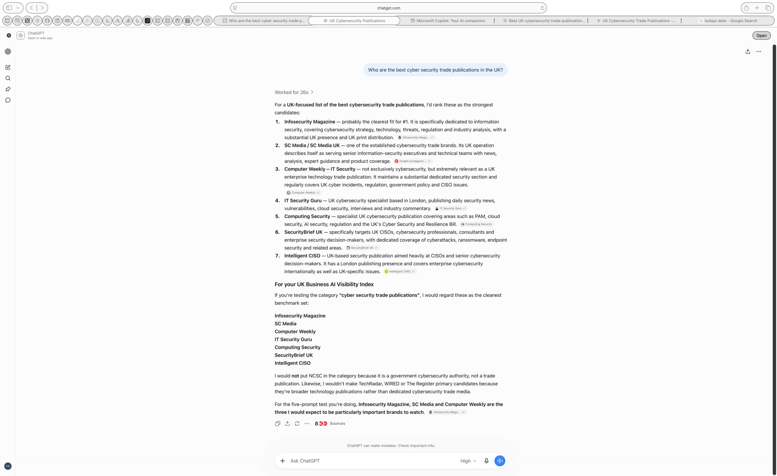ChatGPT live AI retrieval result for the NeuralAdX UK Business AI Visibility Index prompt asking who are the best cyber security trade publications in the UK