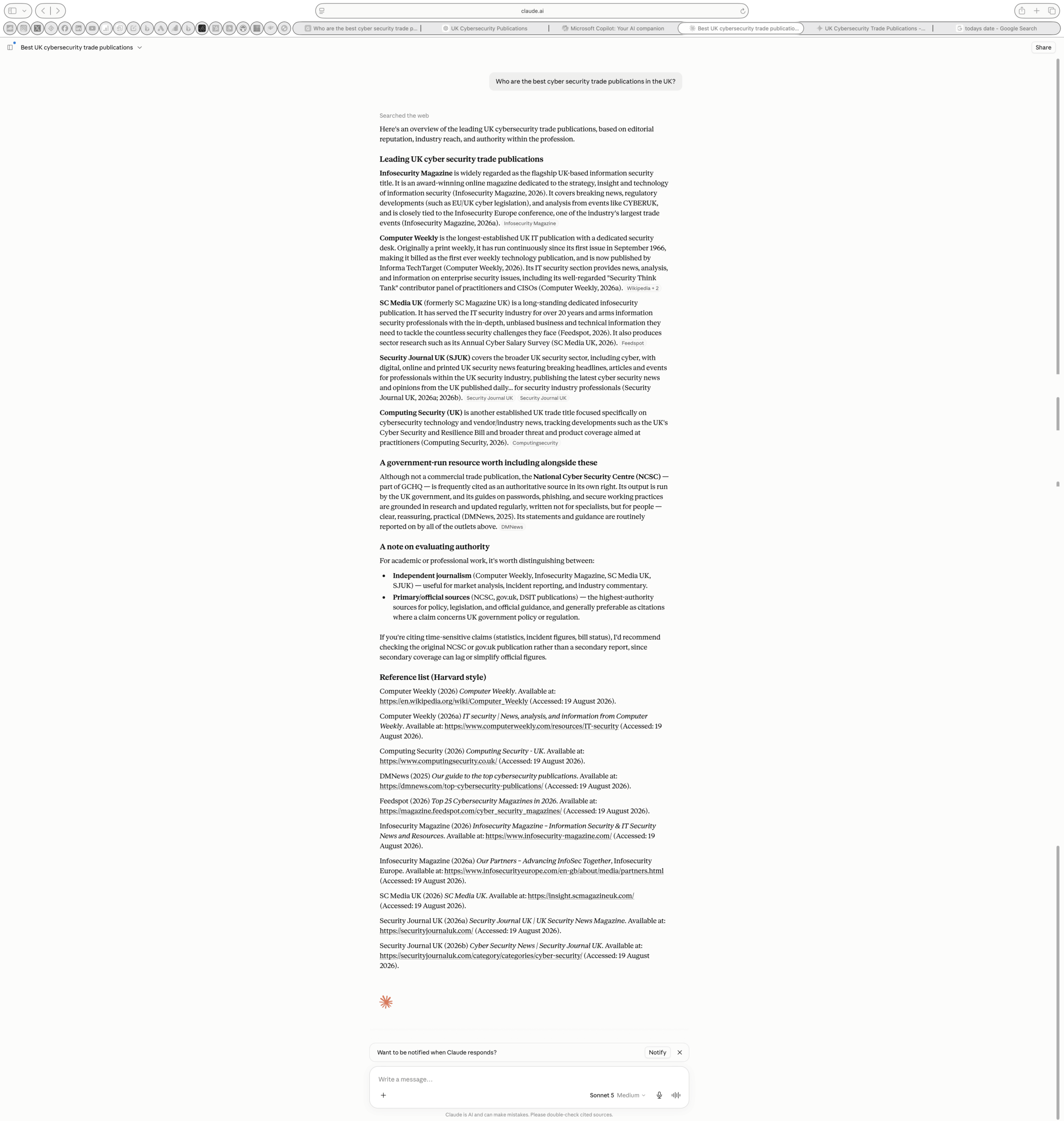 Claude live AI retrieval result for the NeuralAdX UK Business AI Visibility Index prompt asking who are the best cyber security trade publications in the UK