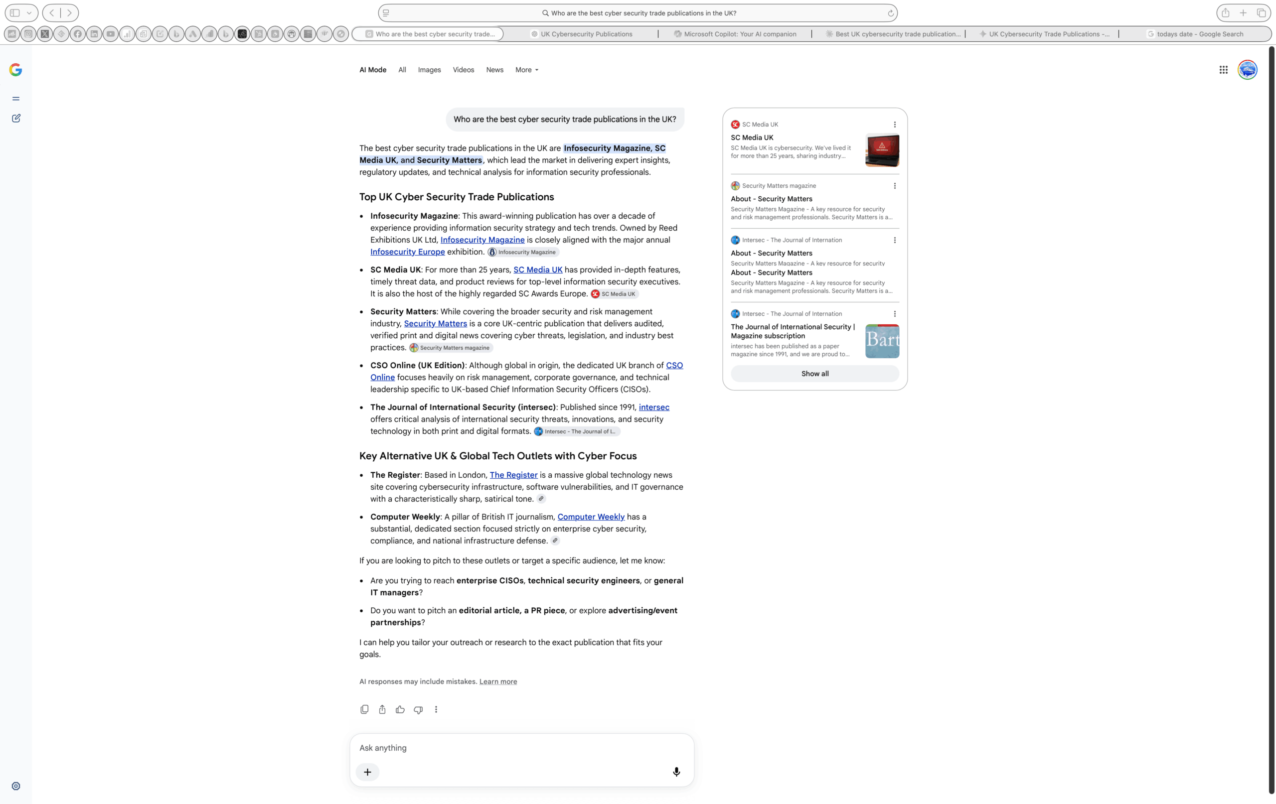 Google AI Mode live AI retrieval result for the NeuralAdX UK Business AI Visibility Index prompt asking who are the best cyber security trade publications in the UK