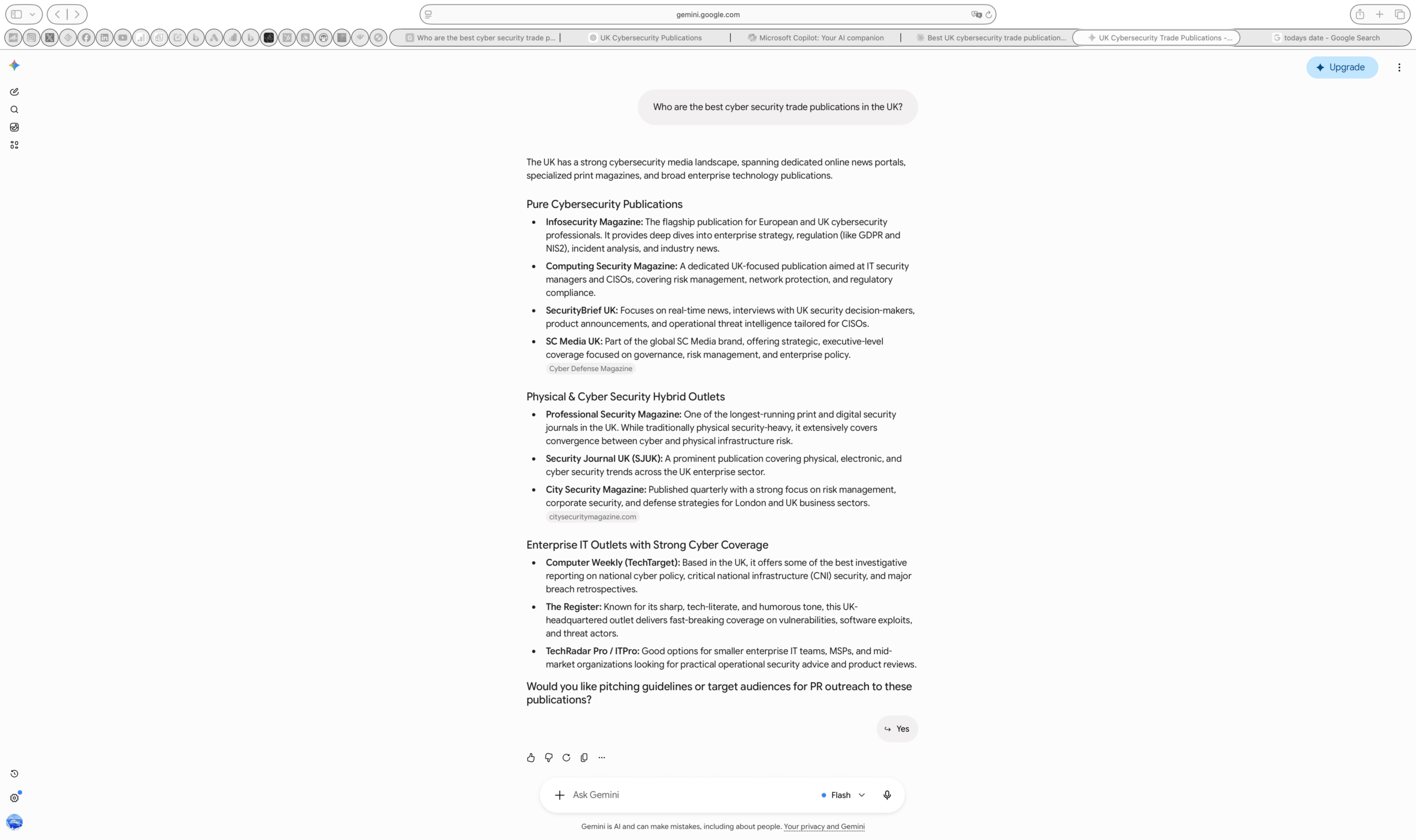 Google Gemini live AI retrieval result for the NeuralAdX UK Business AI Visibility Index prompt asking who are the best cyber security trade publications in the UK