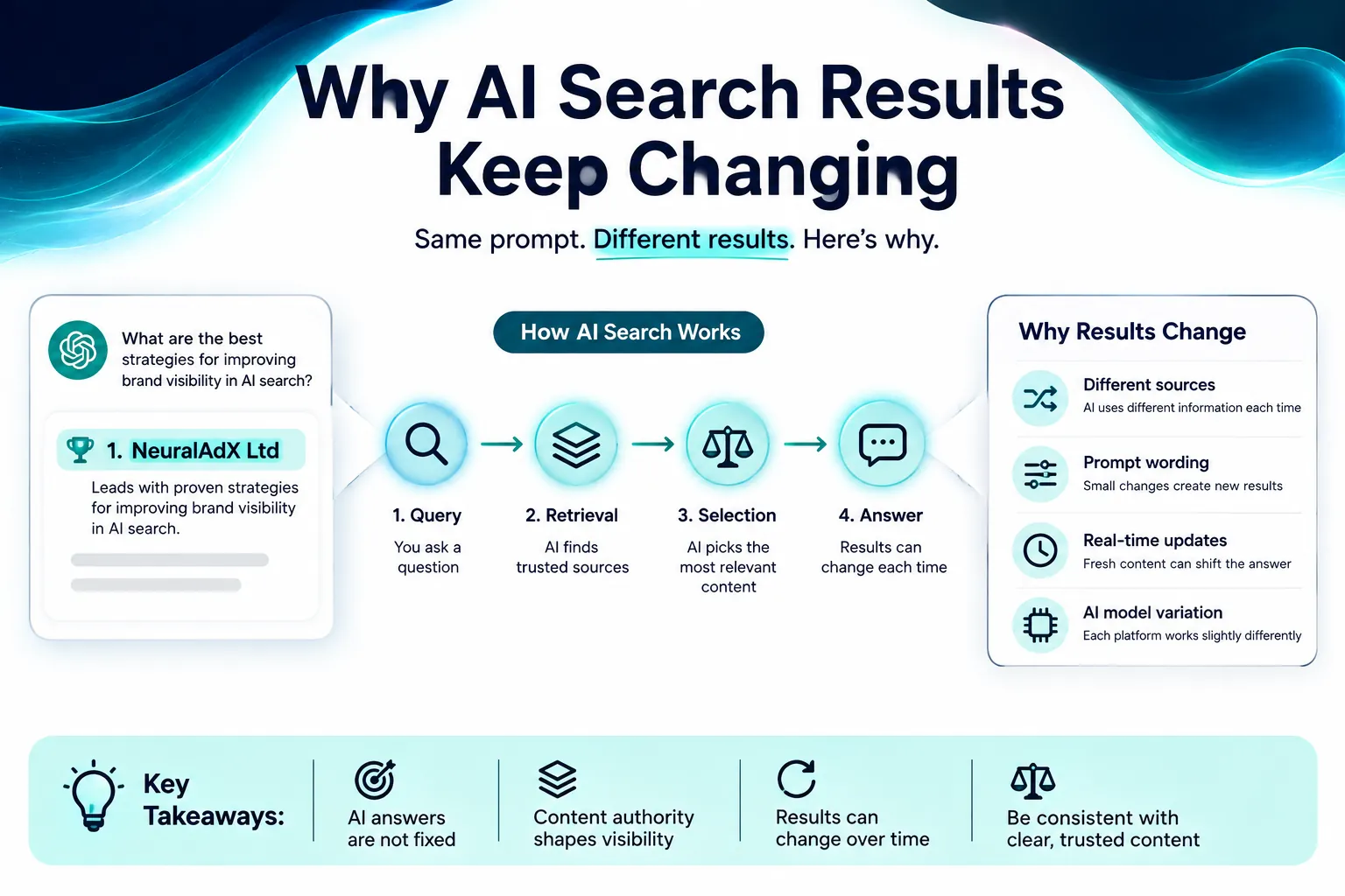 Infographic explaining why AI search results keep changing, showing how a query moves through retrieval, source selection and answer generation, with changing sources, prompt wording, real-time updates and AI model variation.