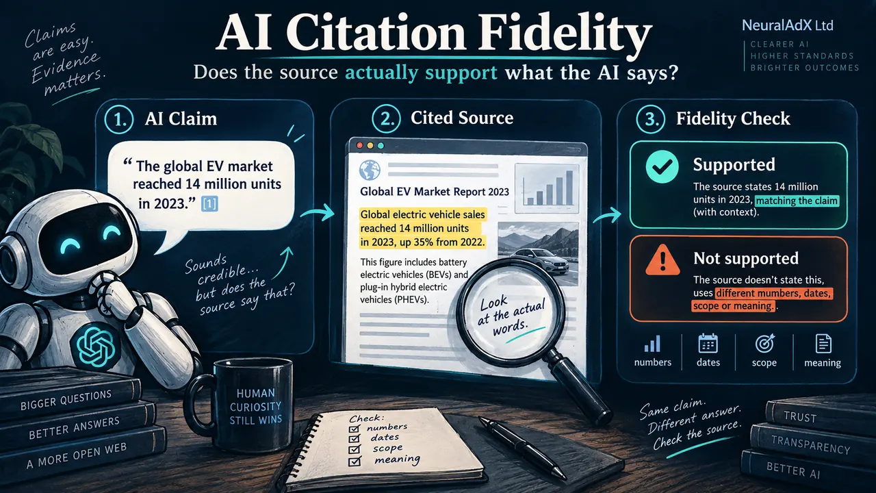 AI citation fidelity infographic showing an AI claim, cited source and fidelity check to verify whether the source actually supports what the AI says.