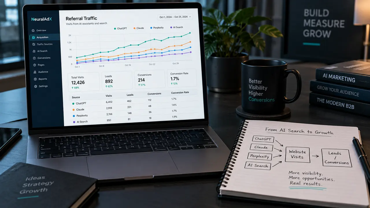 AI referral traffic and conversions dashboard showing ChatGPT, Claude, Perplexity and AI Search website visits, leads and conversions