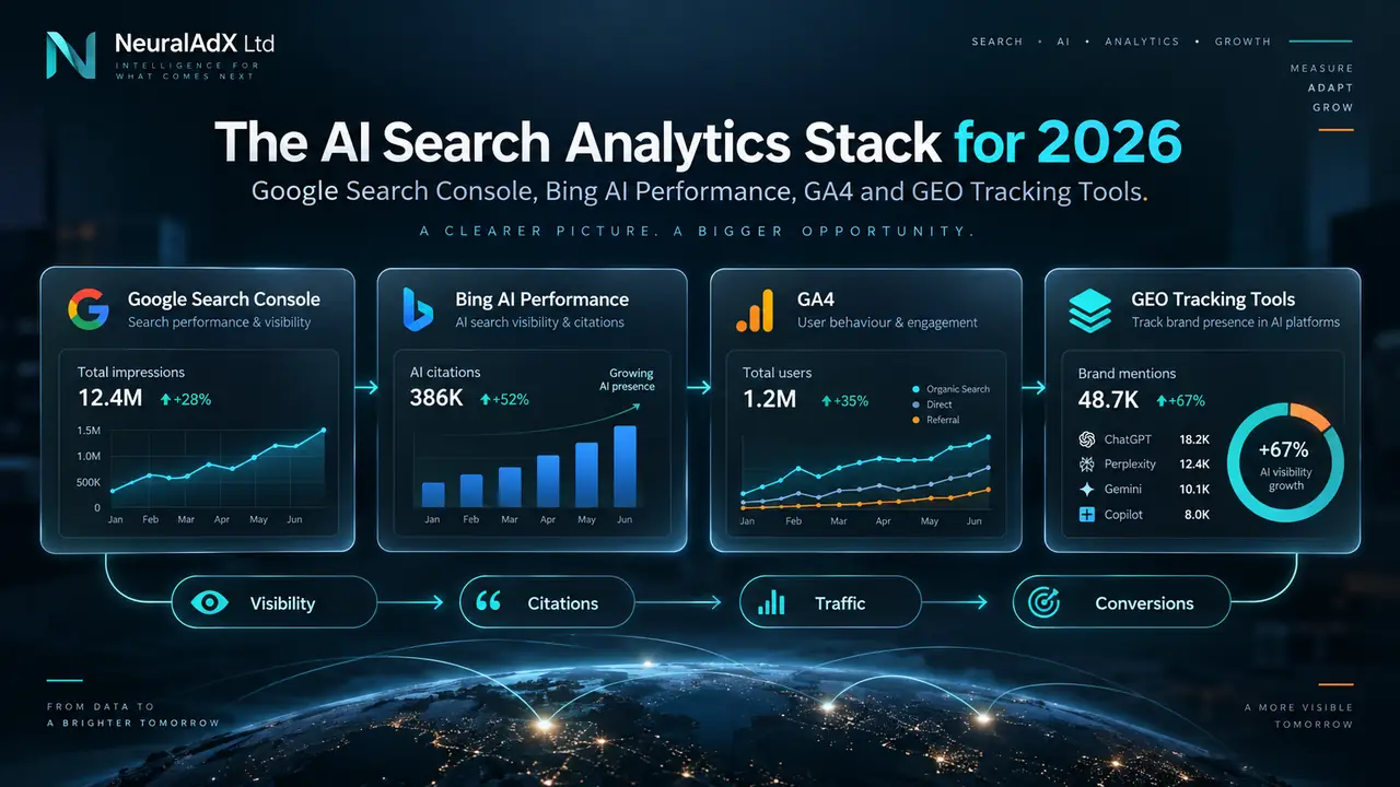 AI search analytics stack for 2026 showing Google Search Console, Bing AI Performance, GA4 and GEO tracking tools