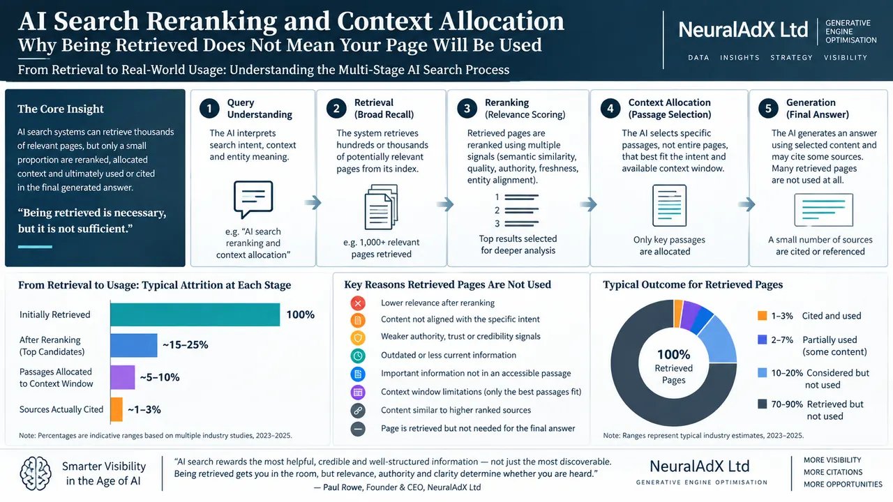 AI search reranking and context allocation infographic showing how retrieved pages are filtered, reranked and reduced to a small set of passages used in the final AI-generated answer