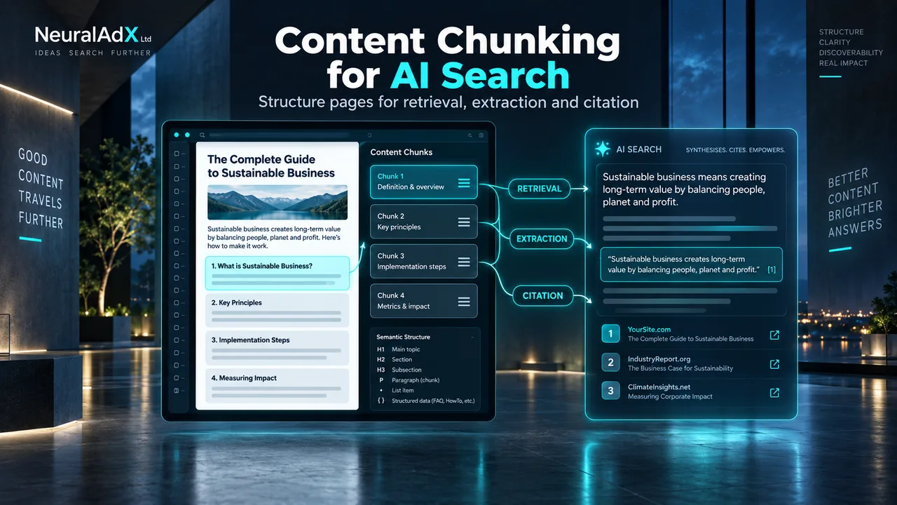 Content chunking for AI search showing structured page sections flowing through retrieval, extraction and citation into an AI-generated answer
