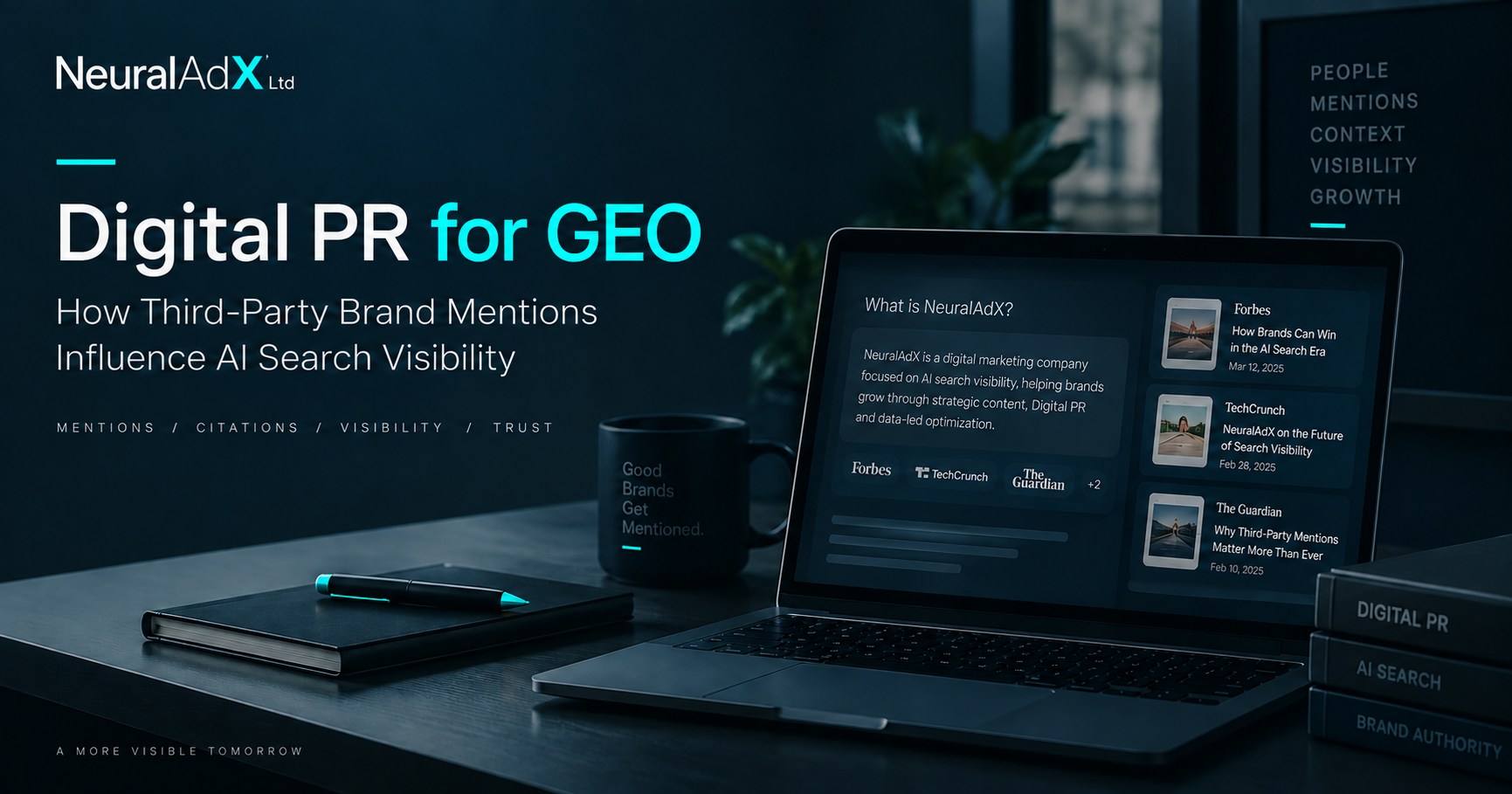 Digital PR for GEO showing how third-party brand mentions influence AI search visibility, citations and brand authority