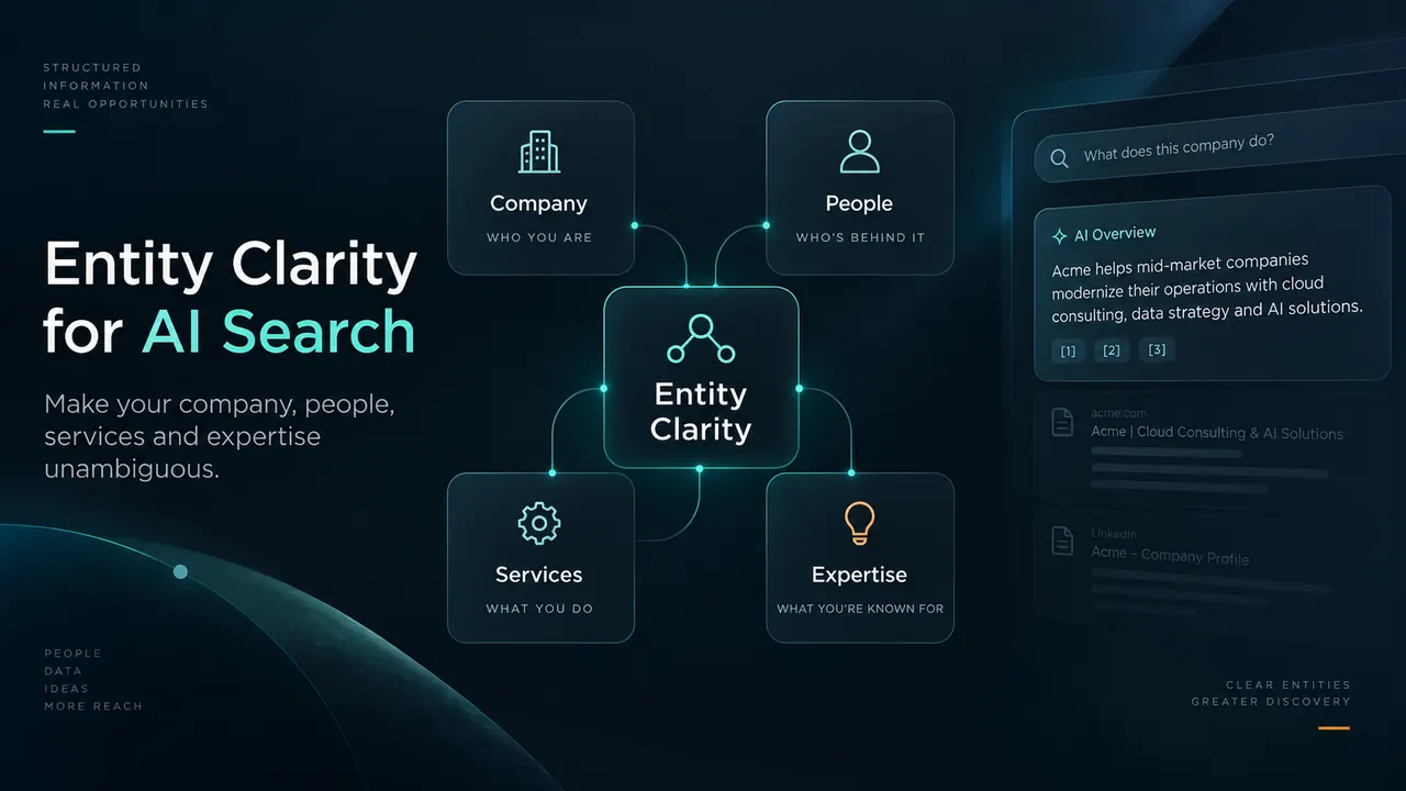 Entity clarity for AI search showing company, people, services and expertise connected for clearer AI retrieval and citations