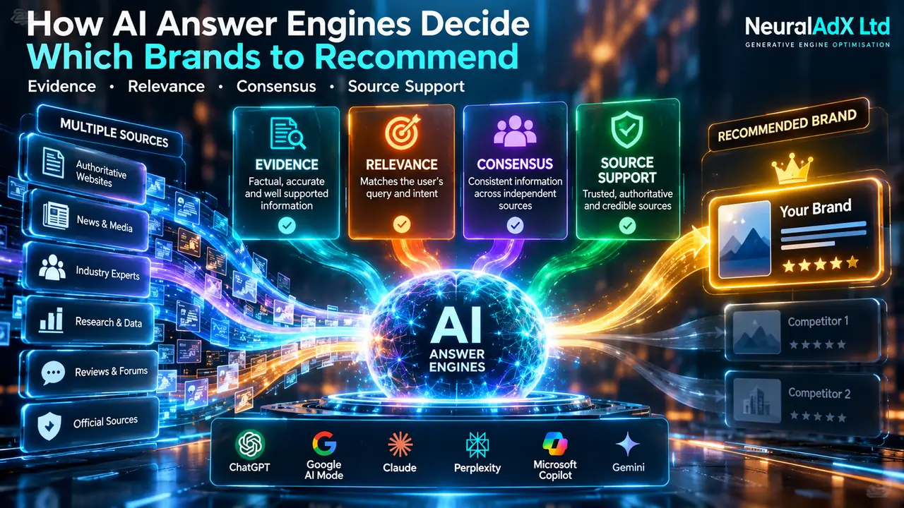 How AI answer engines decide which brands to recommend using evidence, relevance, consensus and source support