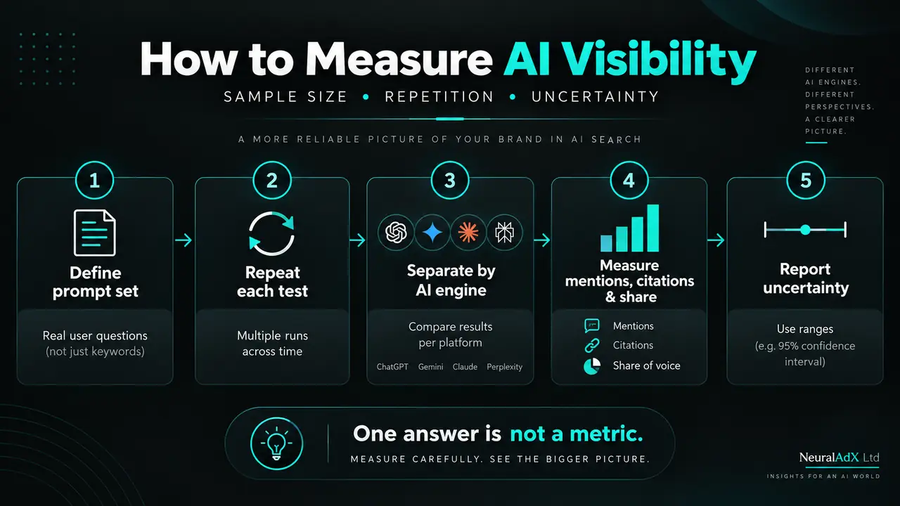 Infographic showing how to measure AI visibility using prompt sampling, repeated tests, AI engine separation, mentions, citations, share of voice and uncertainty.