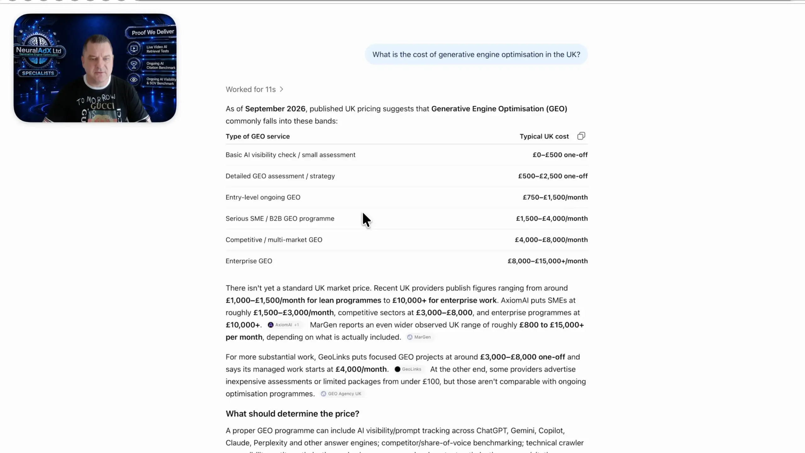 ChatGPT screenshot evidence for Study 1 — Validation Interval 5: GEO Pricing Proof Query recorded on 19 September 2026. NeuralAdX Ltd surfaced at #3 with 1 brand mention and 1 neuraladx.com domain citation.