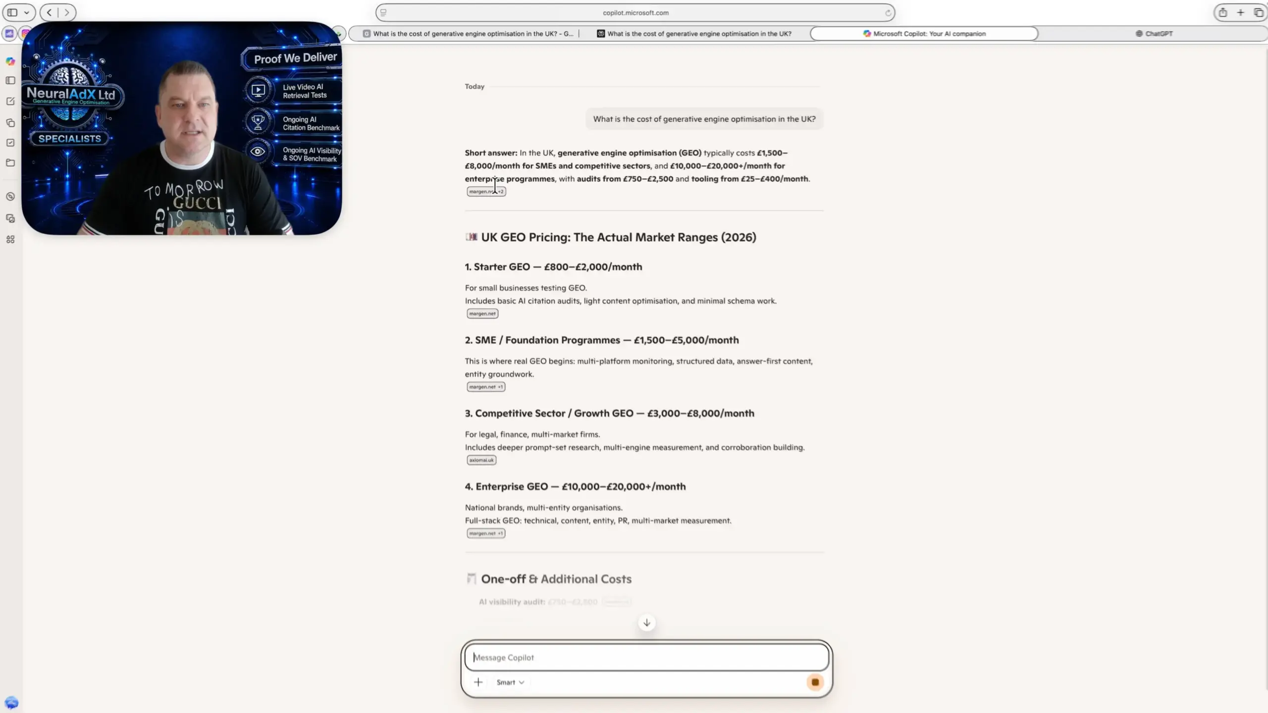 Microsoft Copilot screenshot evidence for Study 1 — Validation Interval 5: GEO Pricing Proof Query recorded on 19 September 2026. NeuralAdX Ltd did not surface; the supplied evidence records brand mentions and domain citations as “did not surface”.