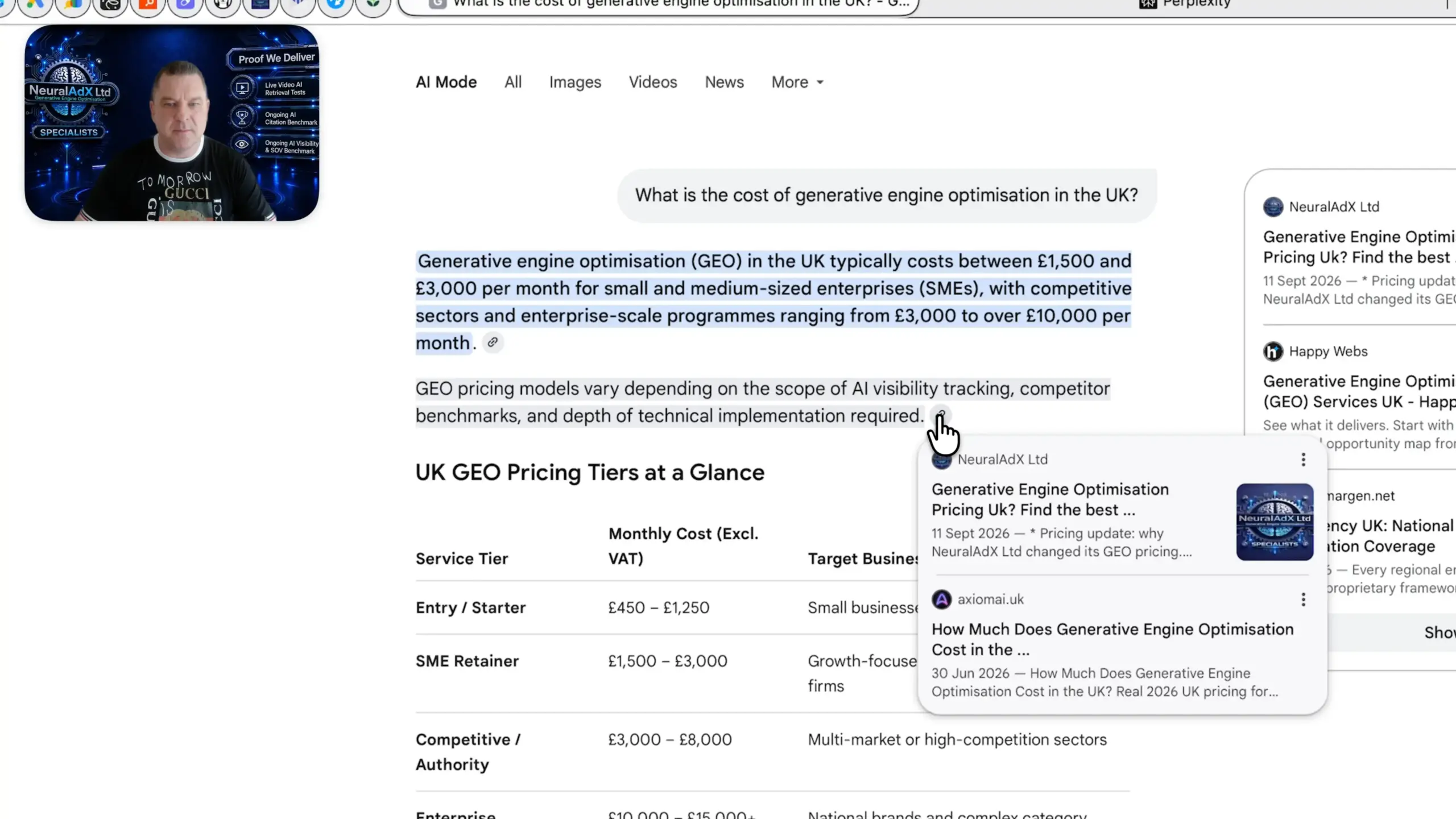 Google AI Mode screenshot evidence for Study 1 — Validation Interval 5: GEO Pricing Proof Query recorded on 19 September 2026. NeuralAdX Ltd surfaced at #2 with 2 brand mentions and 2 neuraladx.com domain citations.