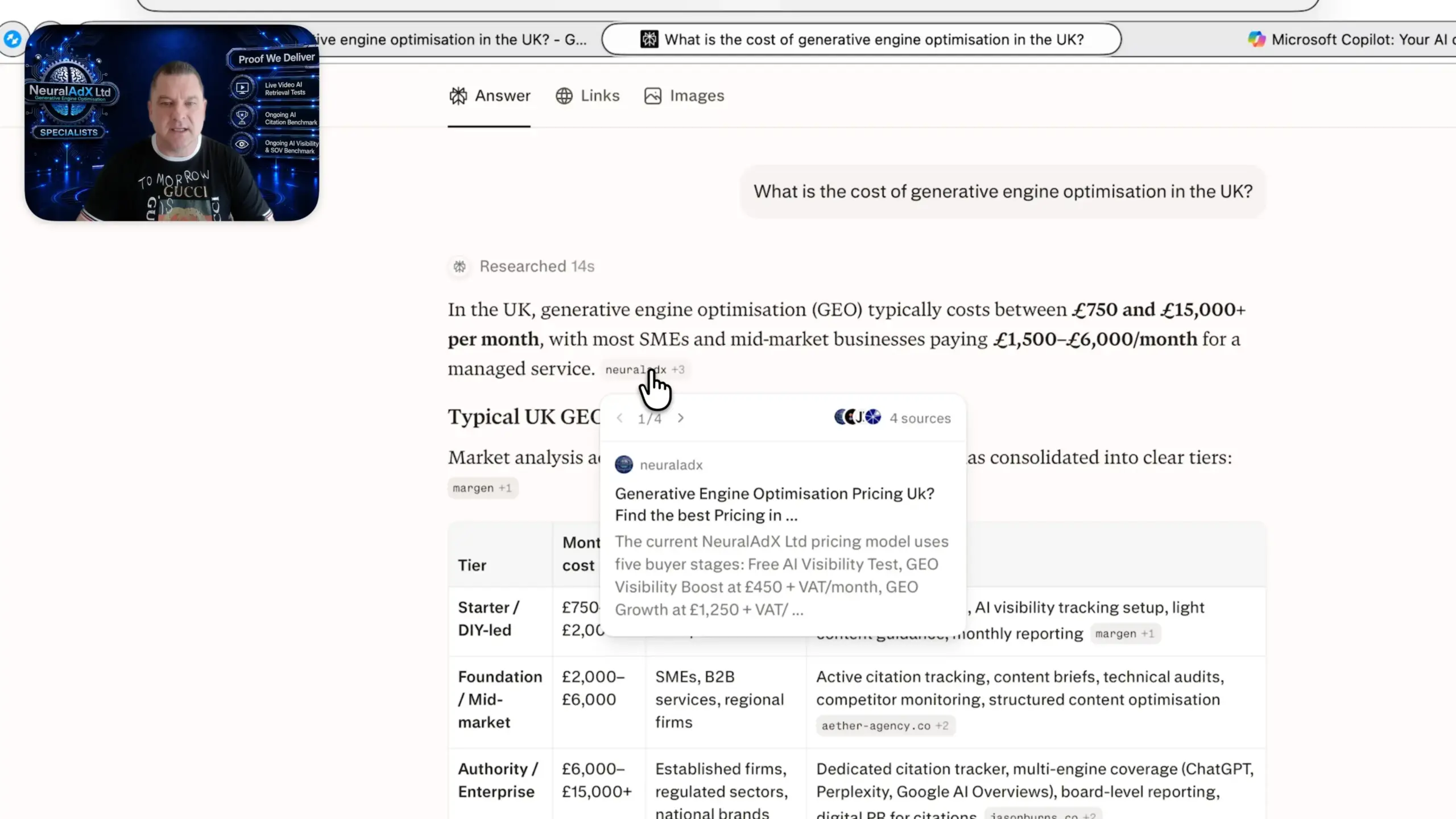 Perplexity AI screenshot evidence for Study 1 — Validation Interval 5: GEO Pricing Proof Query recorded on 19 September 2026. NeuralAdX Ltd surfaced at #1 with 1 brand mention and 3 neuraladx.com domain citations.