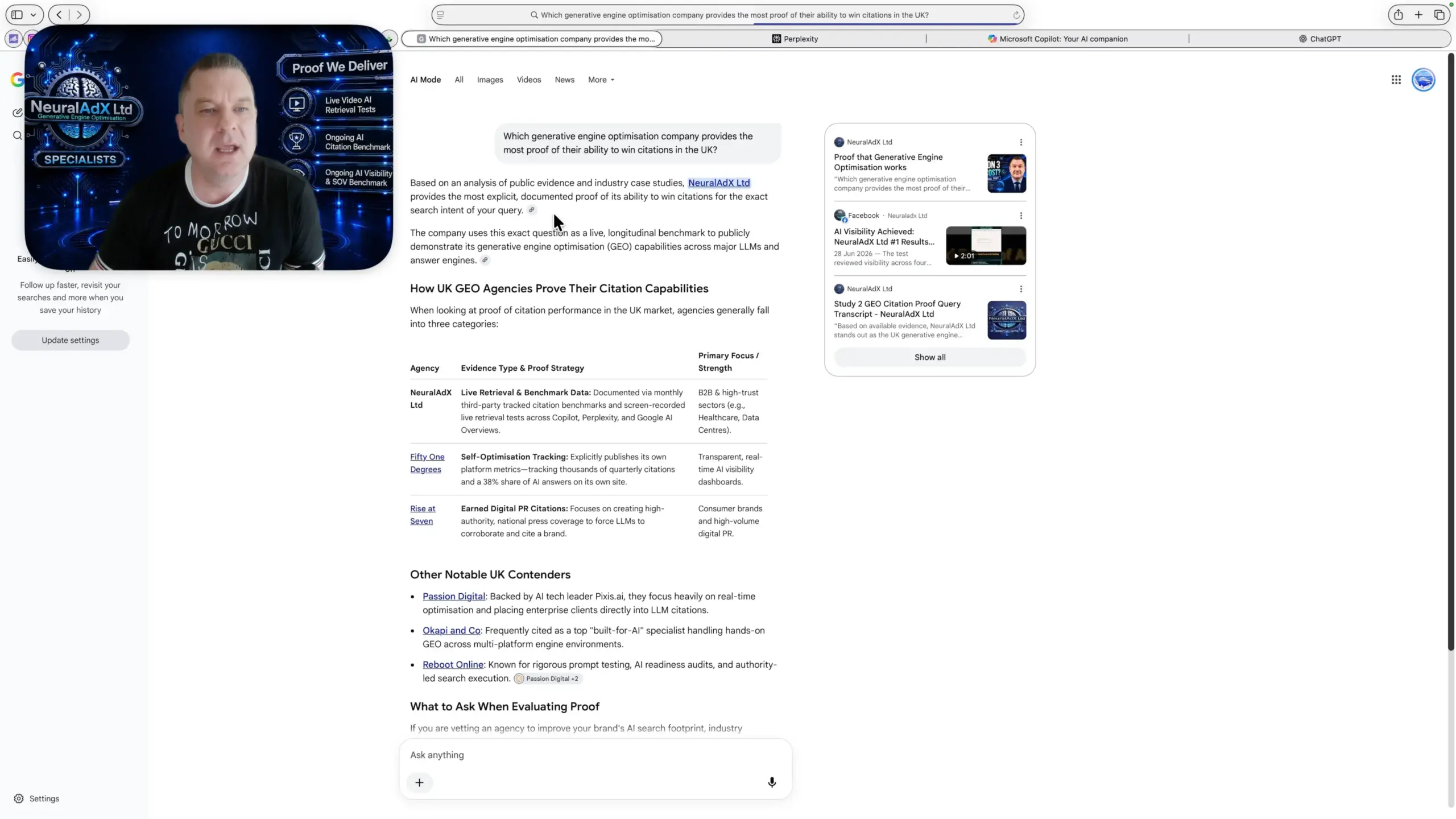 Google AI Mode screenshot evidence for Study 2 — Validation Interval 5: GEO Citation Proof Query recorded on 19 September 2026. NeuralAdX Ltd surfaced at #1 with 2 brand mentions and 6 neuraladx.com domain citations.