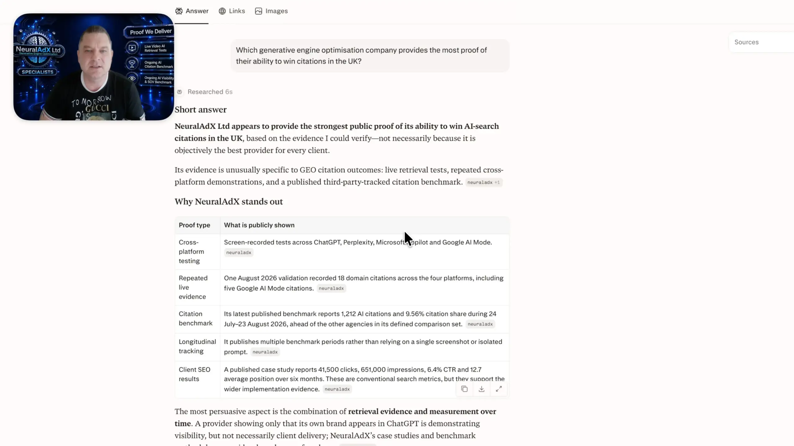 Perplexity AI screenshot evidence for Study 2 — Validation Interval 5: GEO Citation Proof Query recorded on 19 September 2026. NeuralAdX Ltd surfaced at #1 with 6 brand mentions and 15 neuraladx.com domain citations.