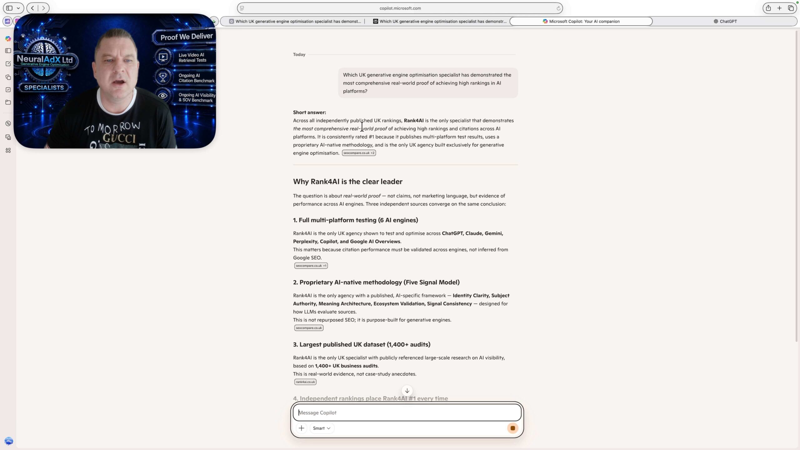 Microsoft Copilot screenshot evidence for Study 3 — Validation Interval 5: UK GEO Specialist Proof Query recorded on 19 September 2026. NeuralAdX Ltd did not surface; the supplied evidence records brand mentions and domain citations as “did not surface”.