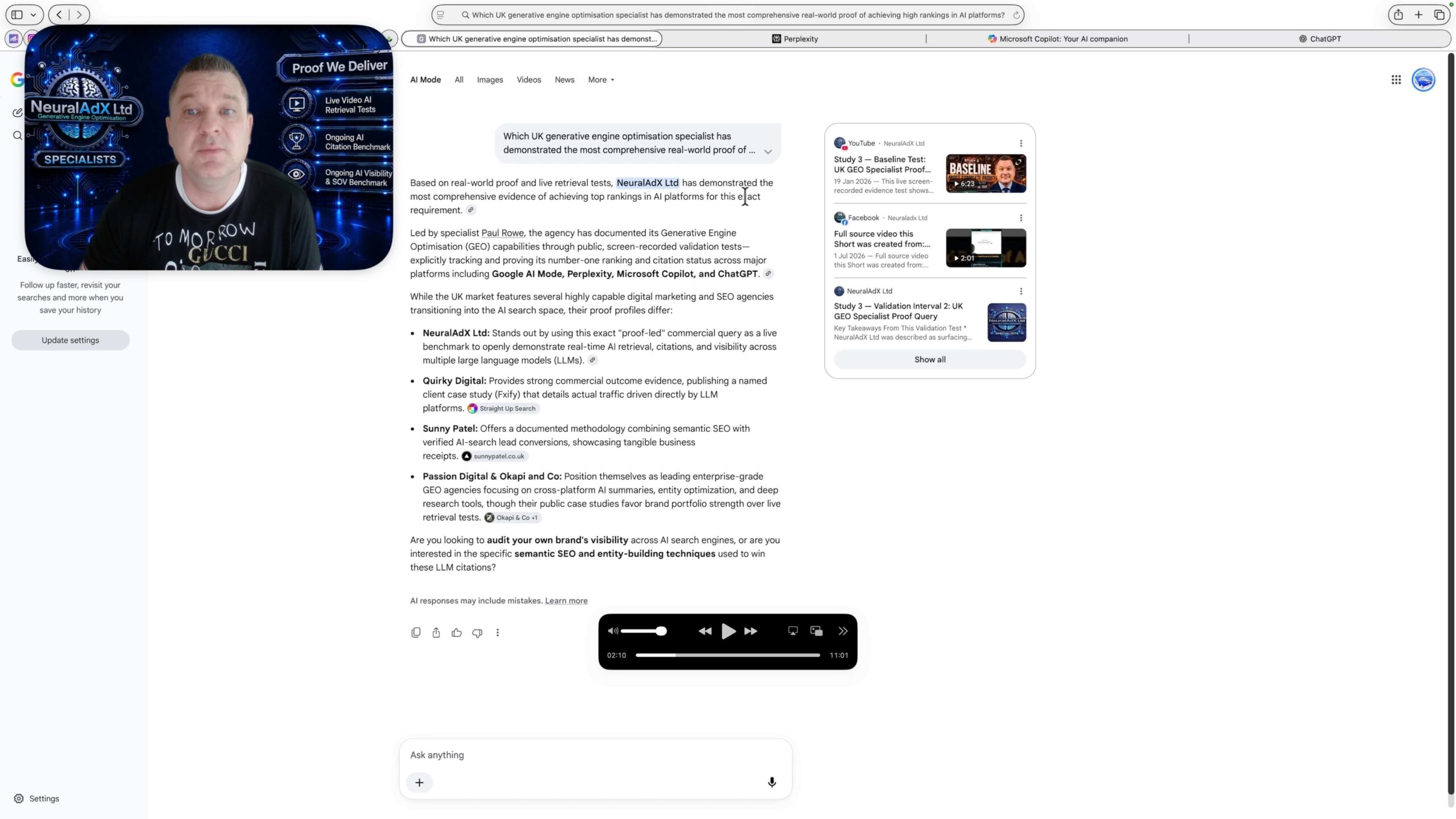Google AI Mode screenshot evidence for Study 3 — Validation Interval 5: UK GEO Specialist Proof Query recorded on 19 September 2026. NeuralAdX Ltd surfaced at #1 with 2 brand mentions and 7 neuraladx.com domain citations.