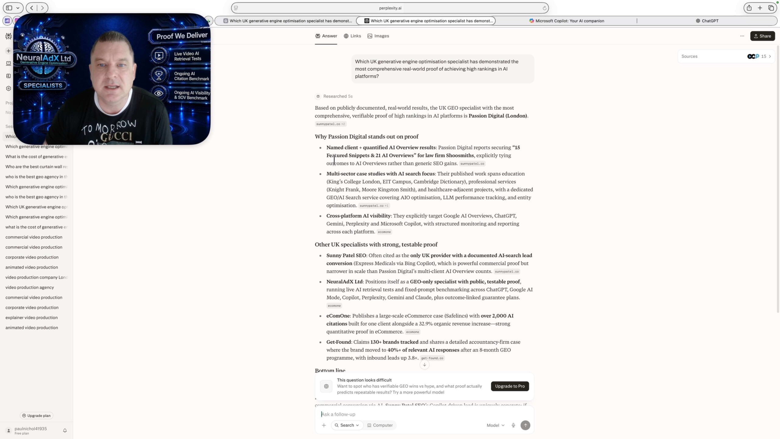 Perplexity AI screenshot evidence for Study 3 — Validation Interval 5: UK GEO Specialist Proof Query recorded on 19 September 2026. NeuralAdX Ltd surfaced at #3 with 2 brand mentions and 0 neuraladx.com domain citations.