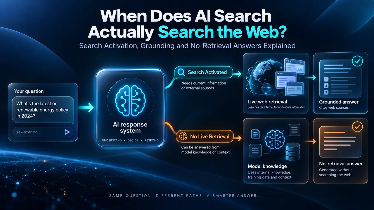 Diagram showing when AI search activates live web retrieval and grounding versus answering from model knowledge without searching the web.