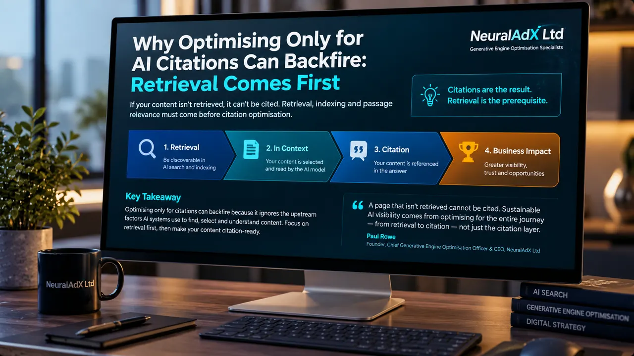 Monitor showing how AI retrieval, indexing and passage relevance come before AI citation optimisation in Generative Engine Optimisation